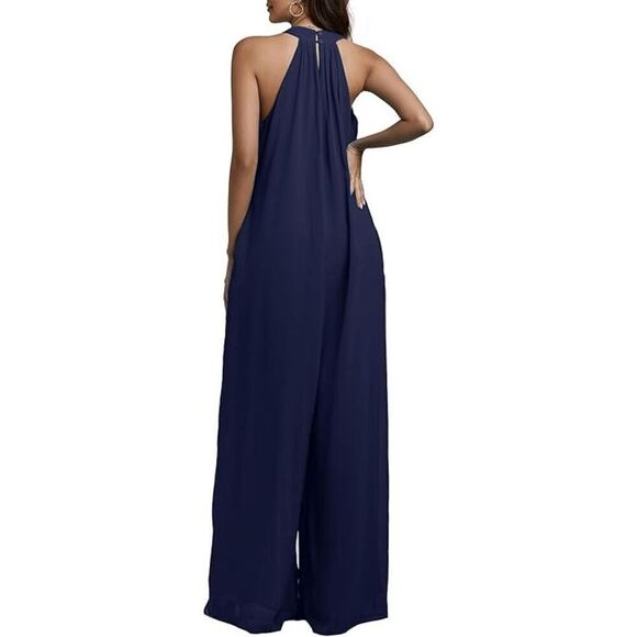 LYANER Size Large Black Women's Halter Neck Sleeveless Chiffon Wide Leg Long Pan - Picture 7 of 7